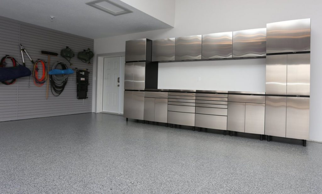 Contur Garage Cabinet Systems in Stainless Steel Installed in Garage