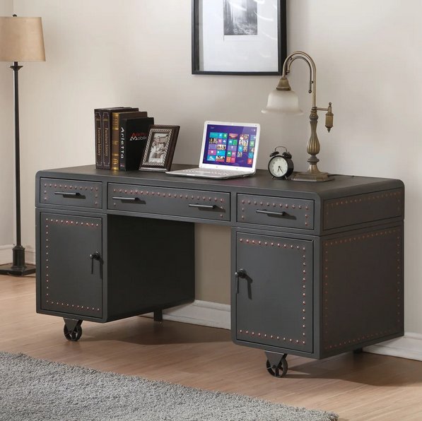 Industrial Styled Acme Furniture Actaki Sandy Gray Metal Executive Desk