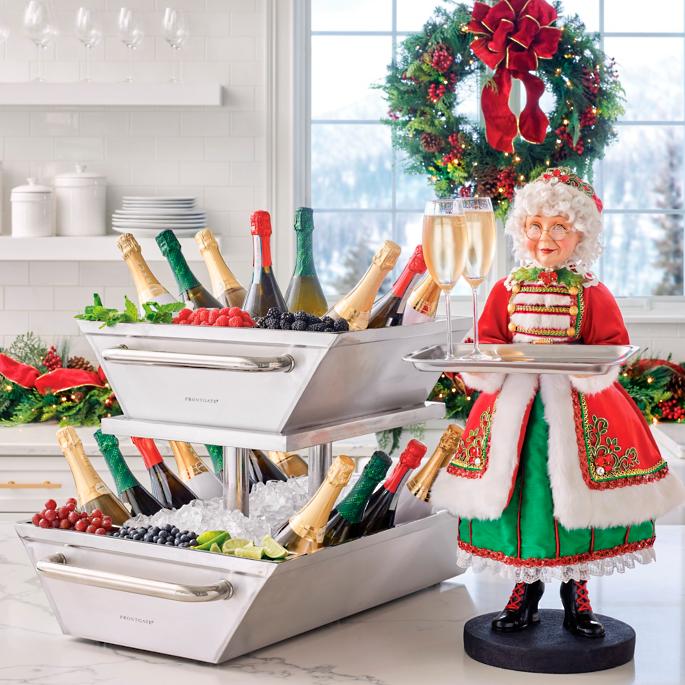 28 Inch Mrs Clause Server with Champagne on Countertop
