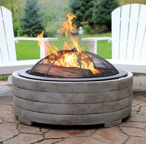 Sunnydaze Large Faux Stone Wood-Burning Fire Pit Ring with Steel Fire Bowl and Spark Screen