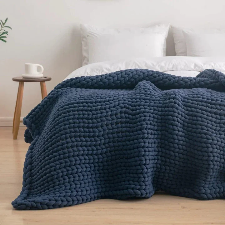 Zonli Navy Chunky Weighted Blanket Draped on Bed