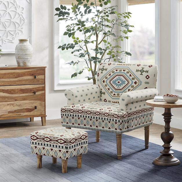 Ezra Embroidered Chair - with Ottoman in Living Room